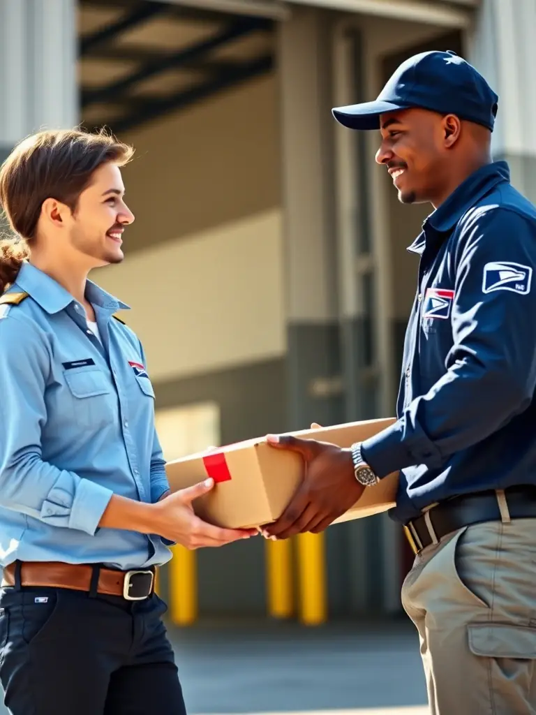 An image of a USPS worker taking packages from Shipsmooth, showing the final handoff for delivery.