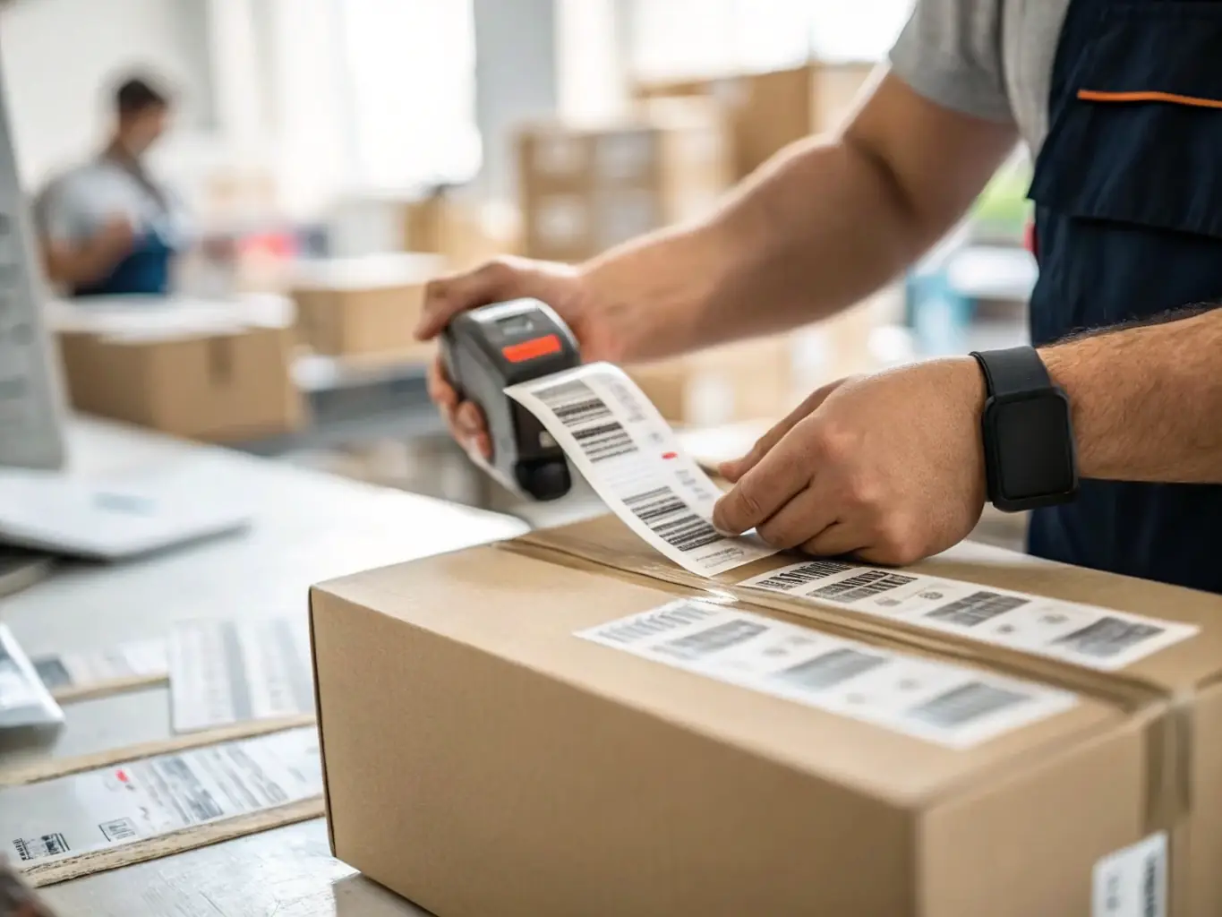 An image showing a close-up of a worker carefully labeling packages with shipping information, highlighting the attention to detail and accuracy in the labeling process.