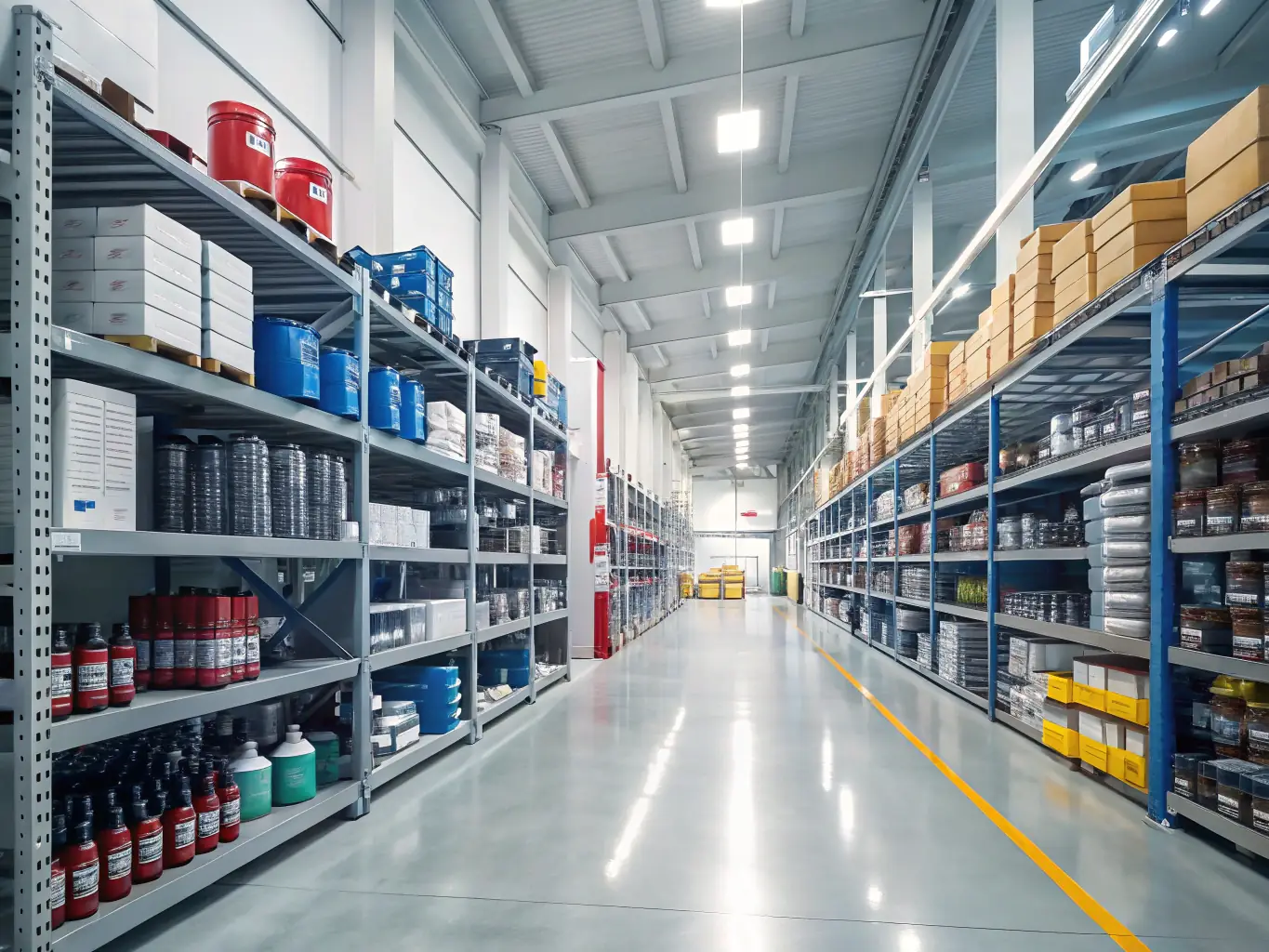 An image depicting a well-organized warehouse with shelves stocked with various products, and workers efficiently managing inventory and preparing orders for shipment. The scene emphasizes order and speed.