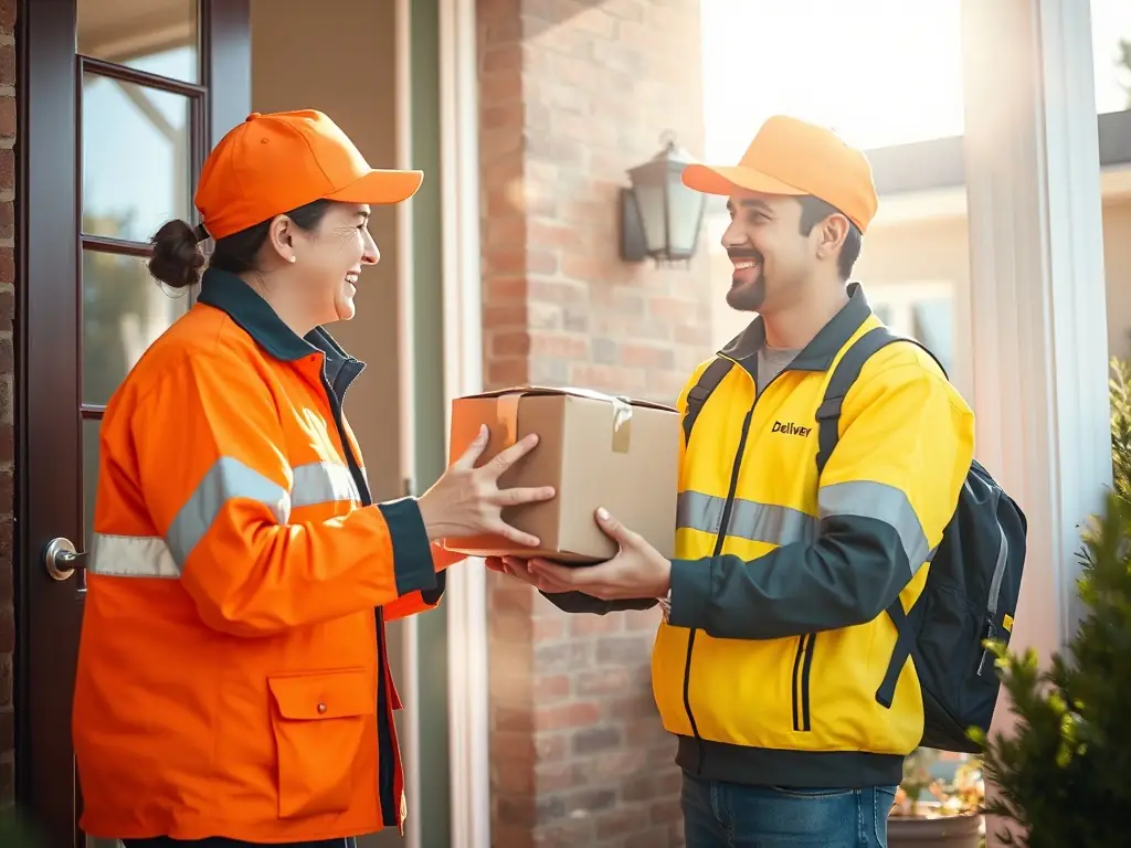 A photograph of a package being handed off to a USPS delivery person, representing the final shipping stage of Shipsmooth's fulfillment process.