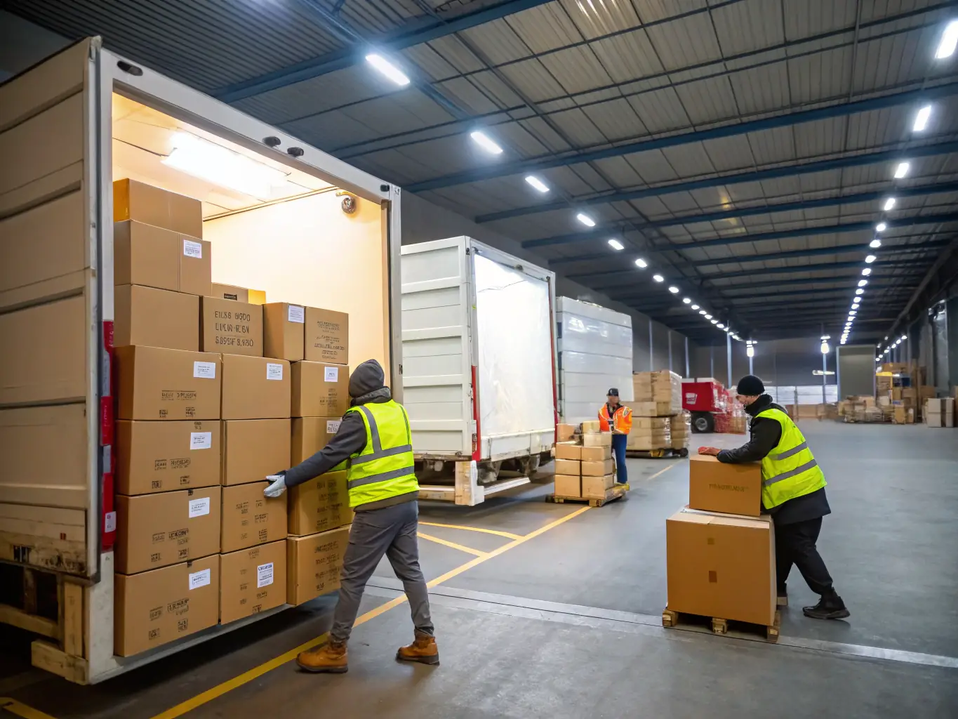 A photograph depicting a well-organized warehouse receiving area with workers unloading boxes from a truck, symbolizing the initial receiving stage of Shipsmooth's fulfillment process.