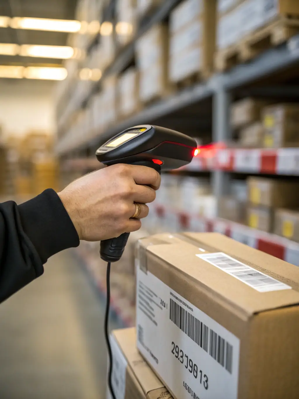 A close-up shot of a product being accurately labeled with a barcode scanner in a busy warehouse setting.