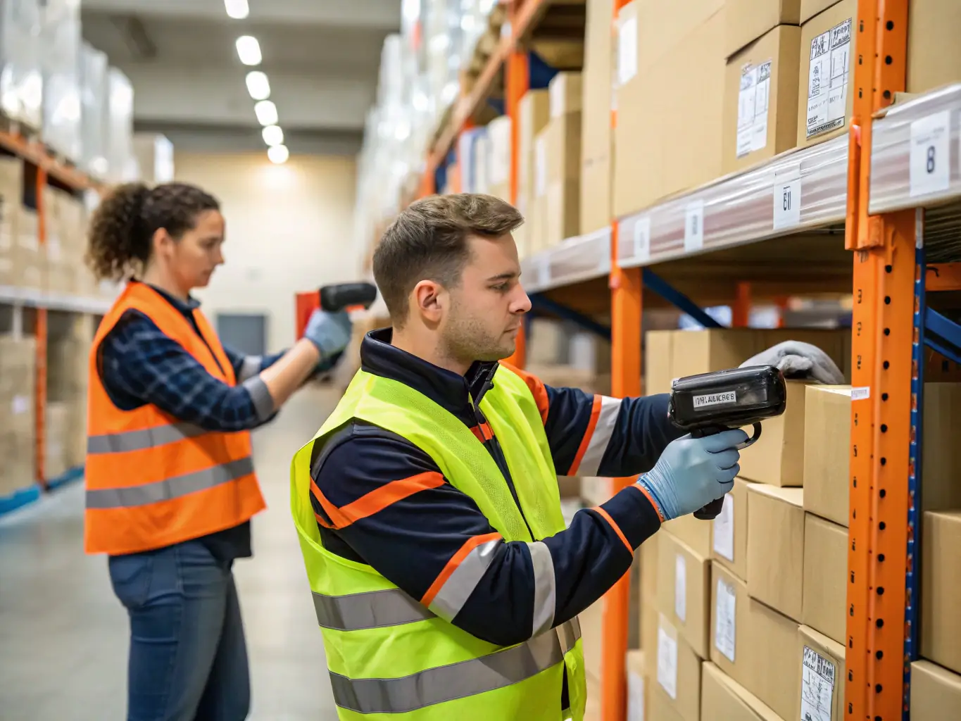 A brightly lit warehouse interior showing packages being efficiently sorted and labeled by Shipsmooth employees, emphasizing the speed and accuracy of the fulfillment process.