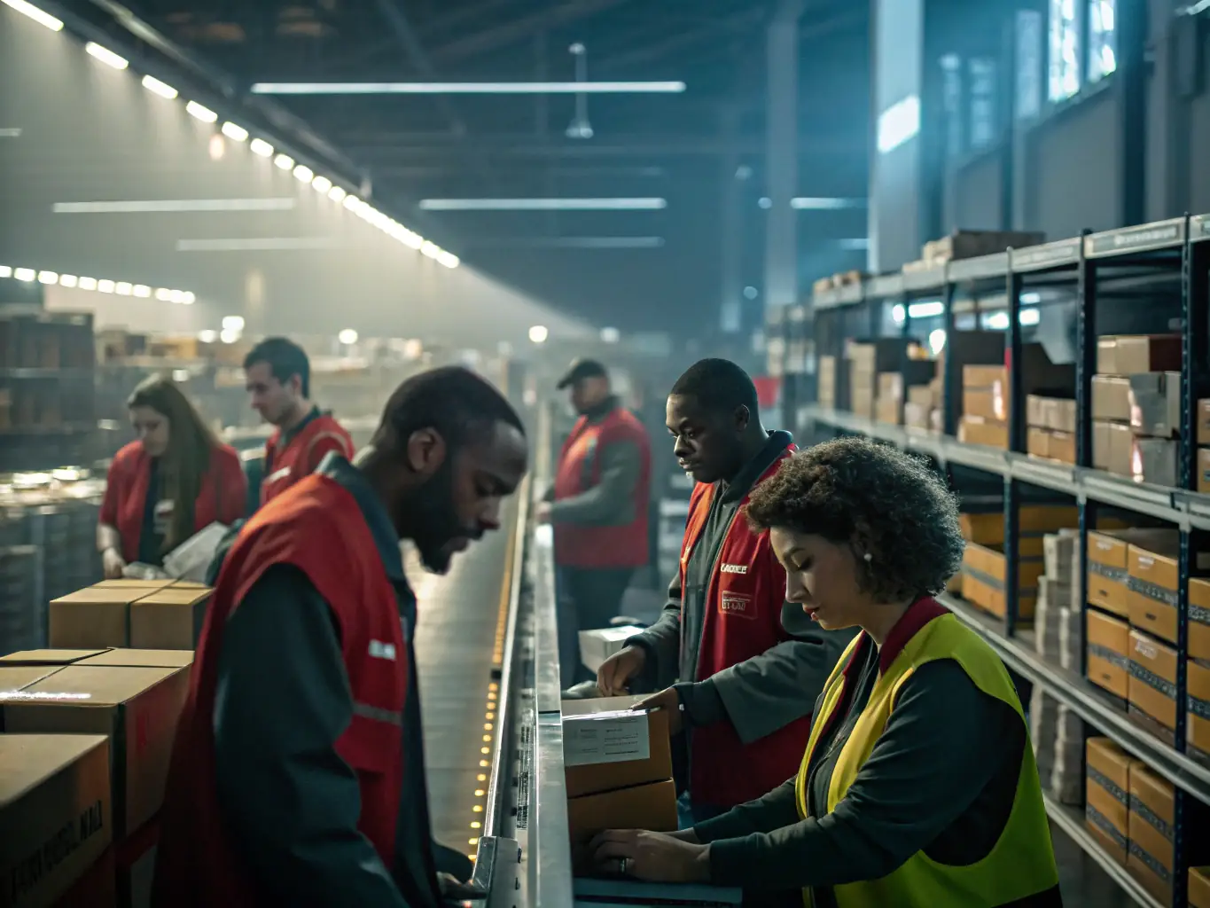 A brightly lit warehouse interior with workers efficiently picking and packing orders, showcasing the fast-paced and organized environment of Shipsmooth's fulfillment center.